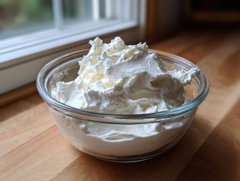 A glass bowl filled with thick, stiff white royal icing recipe mixture sitting on a wooden countertop near a window.