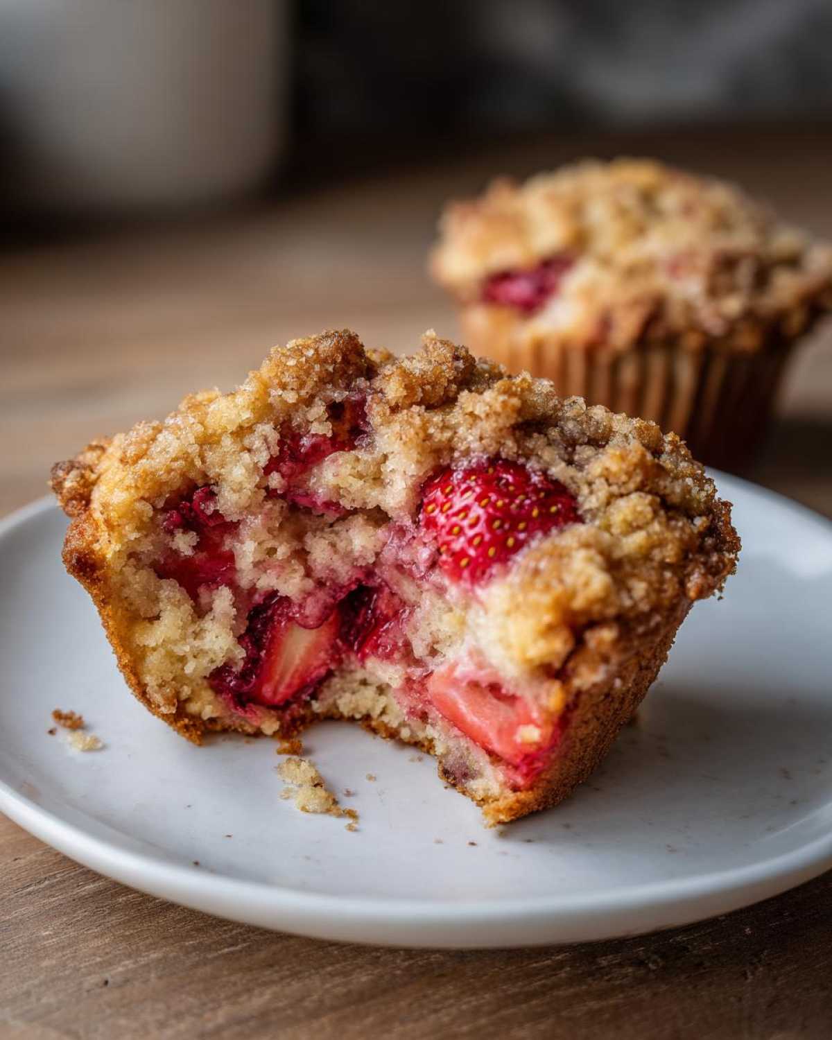 Close-up of a delicious strawberry muffins cut in half showing juicy strawberries and a crumb topping.