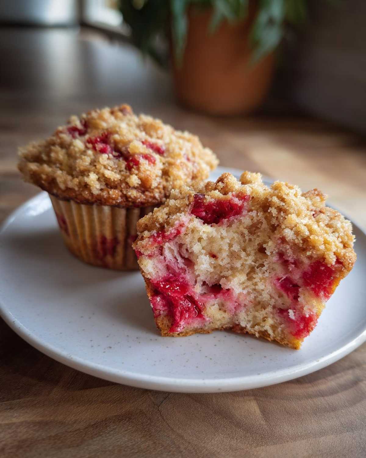 Two delicious strawberry muffins on a plate, one cut open revealing bright red fruit inside and a crumb topping.