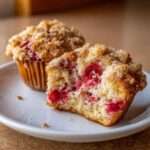 A strawberry muffin cut in half showing the moist interior and bright red fruit, topped with streusel, next to a whole strawberry muffin.