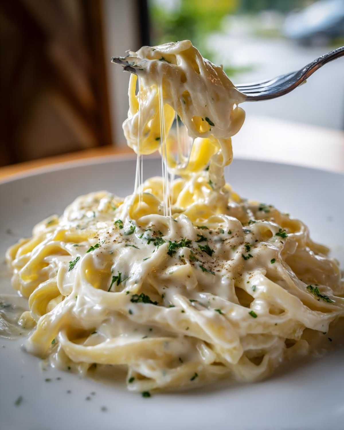 A fork lifts fettuccine noodles coated in rich, creamy homemade alfredo sauce, showing cheese stretch.