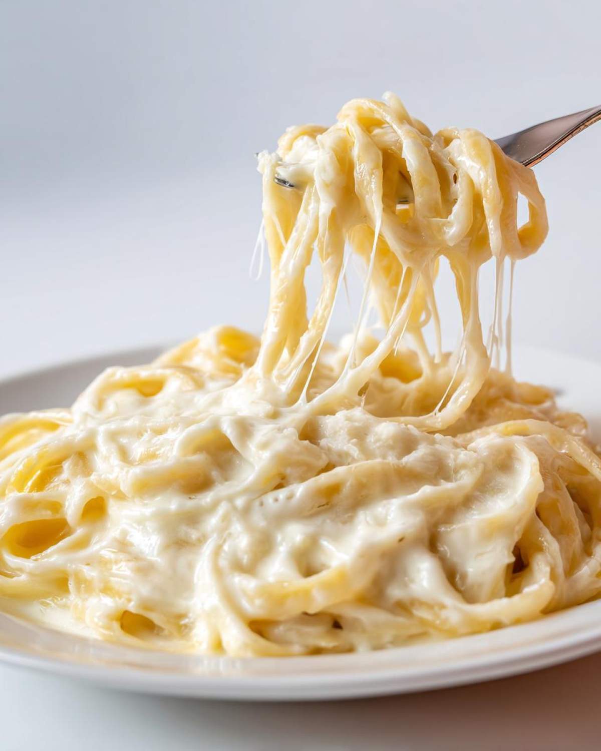 A fork lifting fettuccine noodles coated in thick, creamy homemade alfredo sauce, showing cheese pulls.