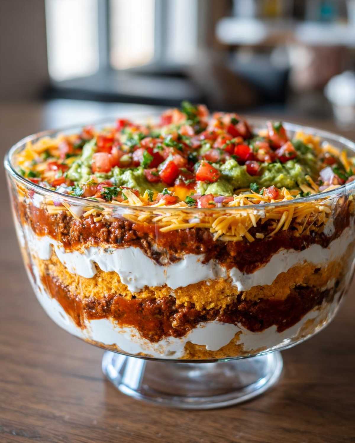 A massive, colorful seven layer dip presented in a clear glass trifle bowl, topped with guacamole, tomatoes, and cheese.