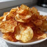 A white plate piled high with golden, crispy homemade potato chips seasoned with red spices.