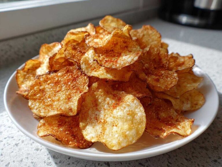 A white plate piled high with golden, crispy homemade potato chips seasoned with red spices.