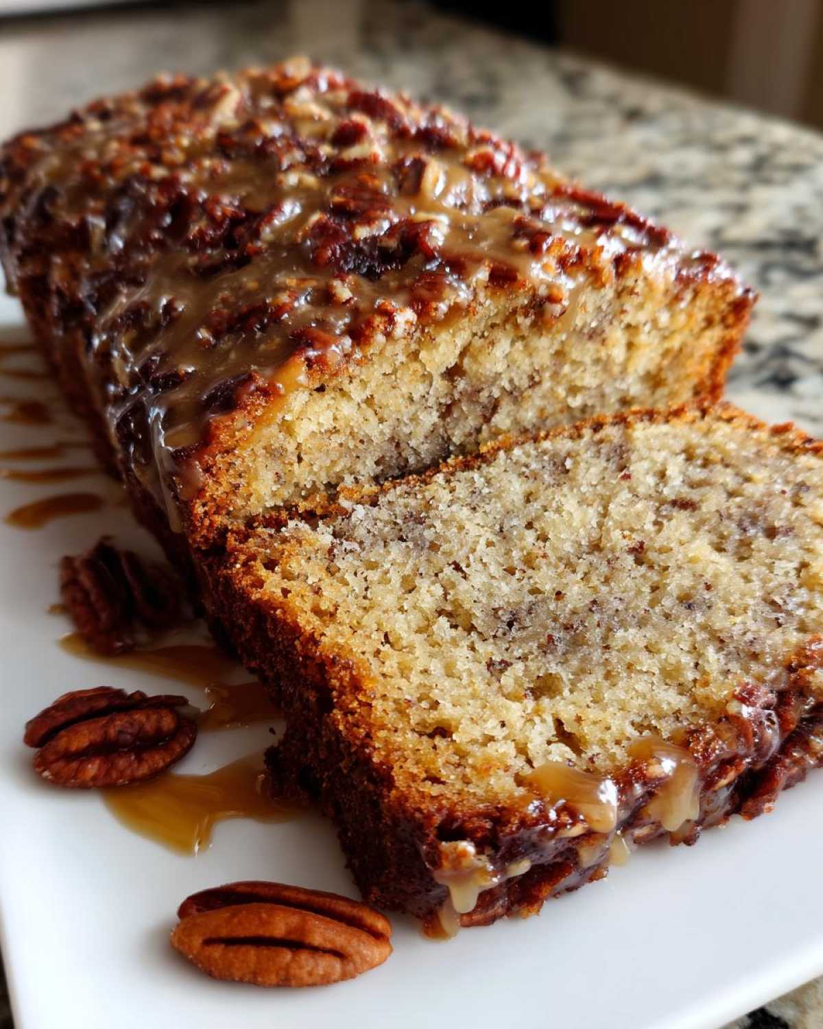 A close-up of sliced sweet alabama pecan bread topped with a thick caramel glaze and pecans.
