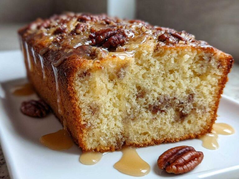 Close-up of a slice of moist sweet Alabama pecan bread drizzled with pecan glaze and served with whole pecans.