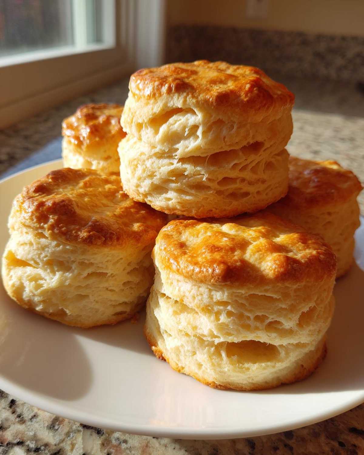 A stack and grouping of tall, flaky buttermilk biscuits with golden tops resting on a white plate near a window.