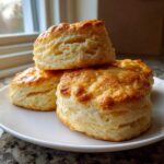 A stack of four golden-brown, flaky buttermilk biscuits piled on a white plate.