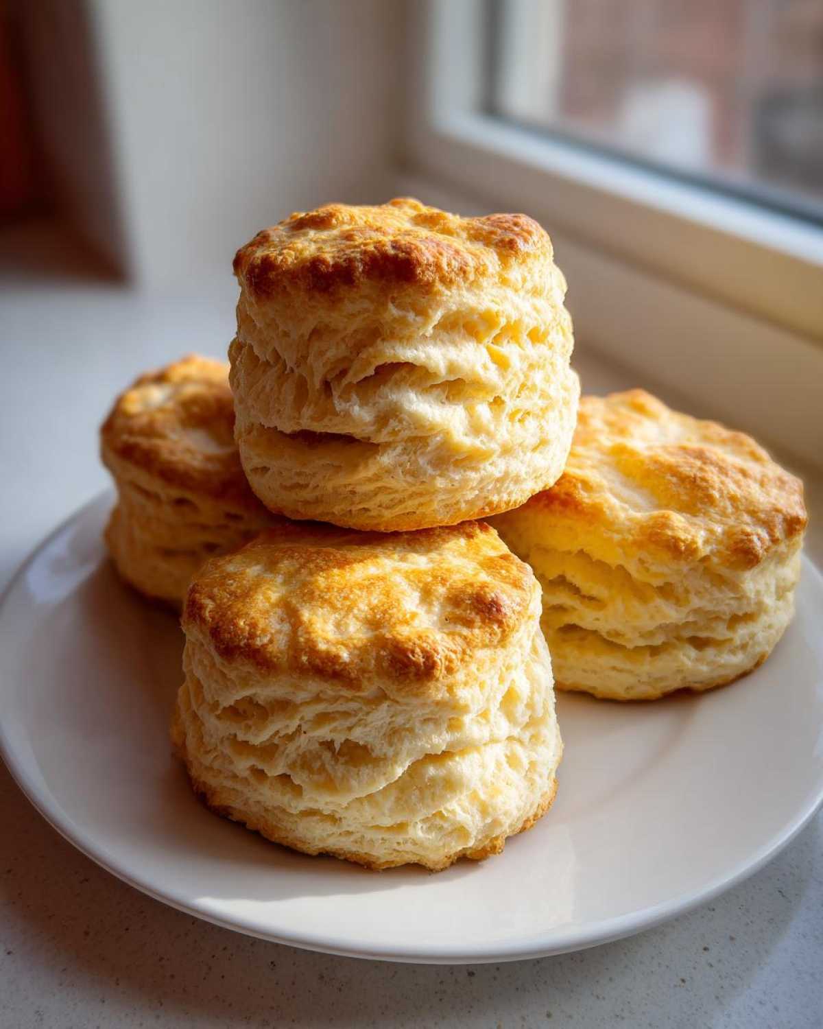 A stack of four tall, flaky buttermilk biscuits with golden tops resting on a white plate near a window.