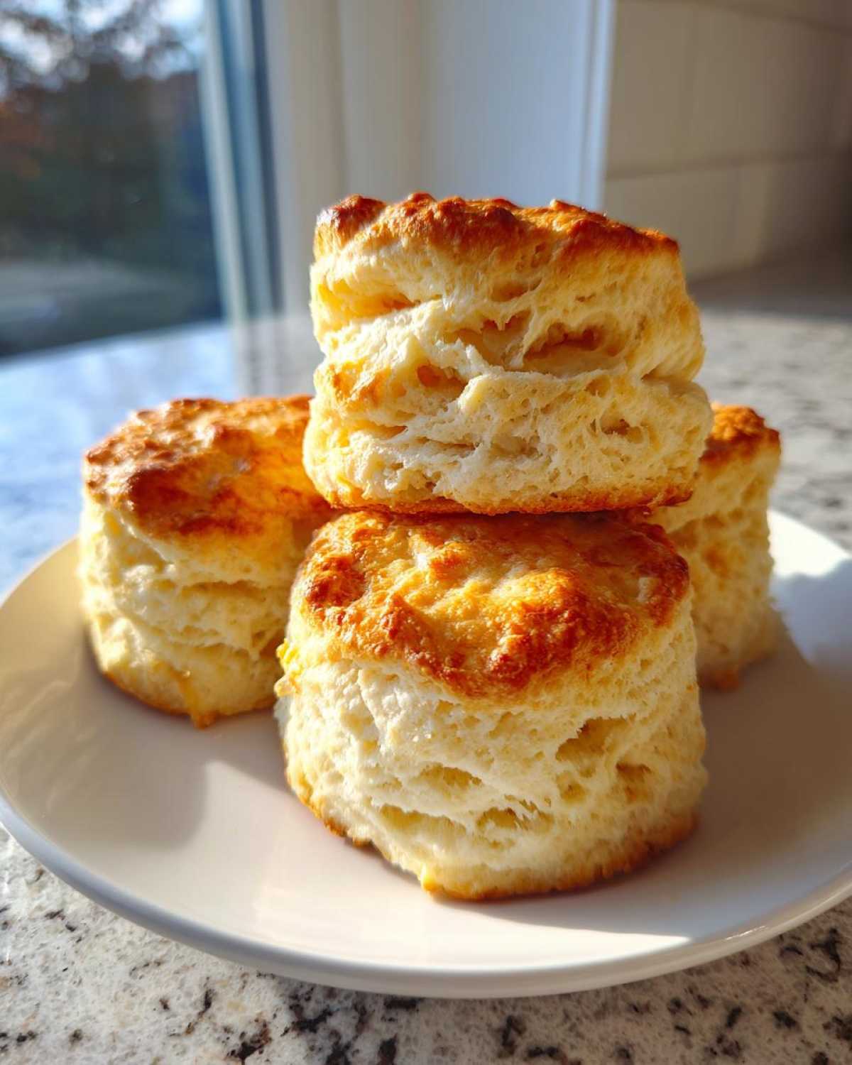 Four tall, golden-brown buttermilk biscuits stacked and arranged on a white plate, showing flaky layers.