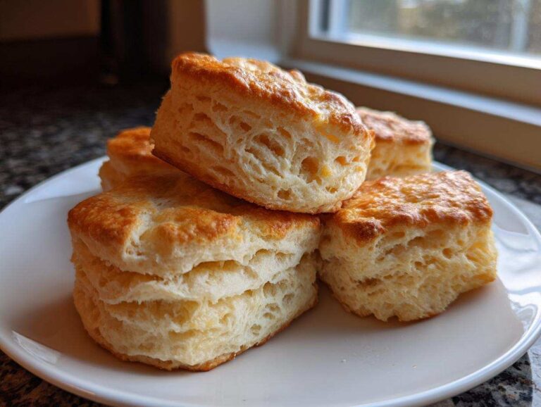 Close-up of several tall, golden-brown buttermilk biscuits showing flaky layers, stacked on a white plate.