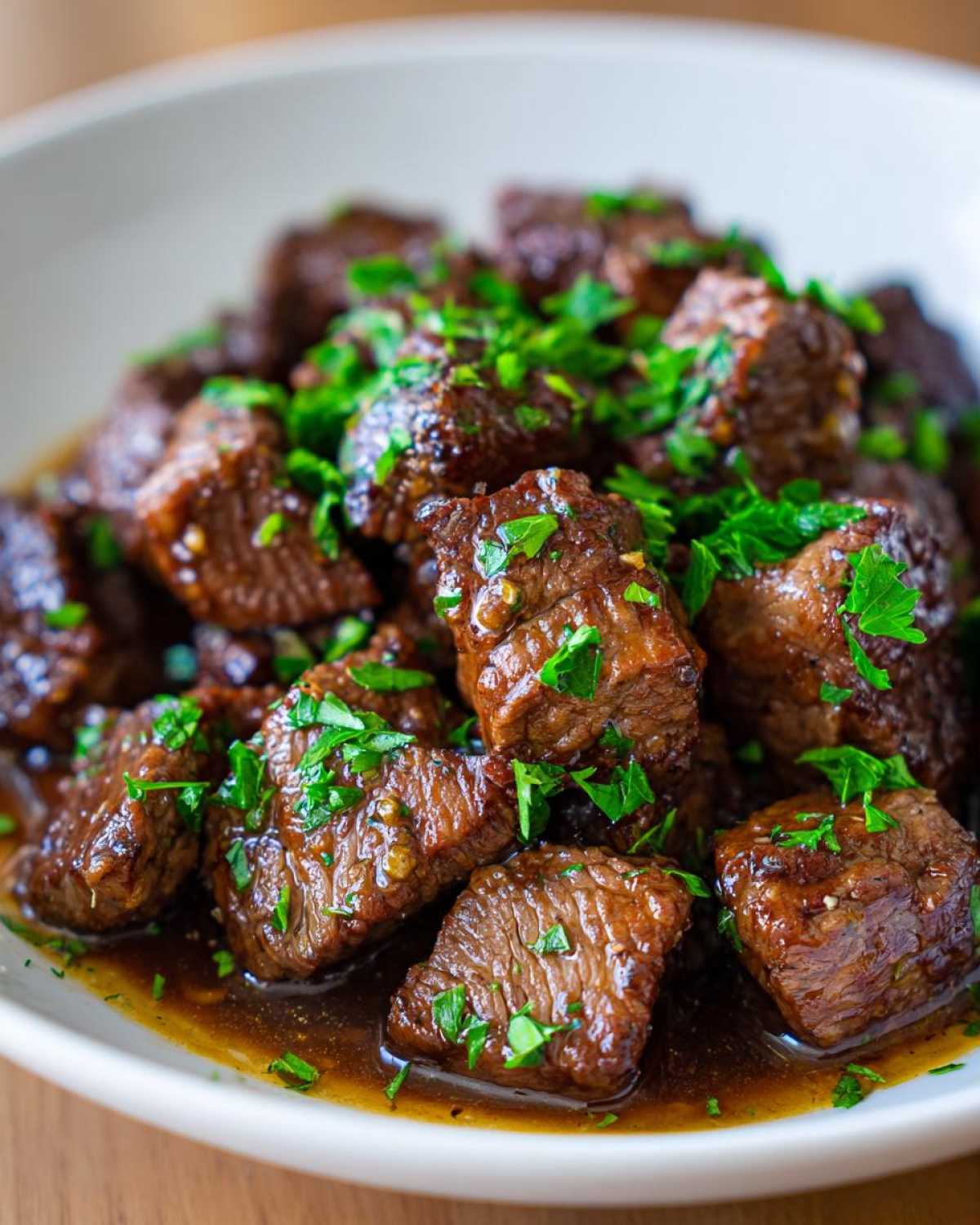 Close-up of tender, saucy crockpot steak bites garnished generously with fresh chopped parsley.