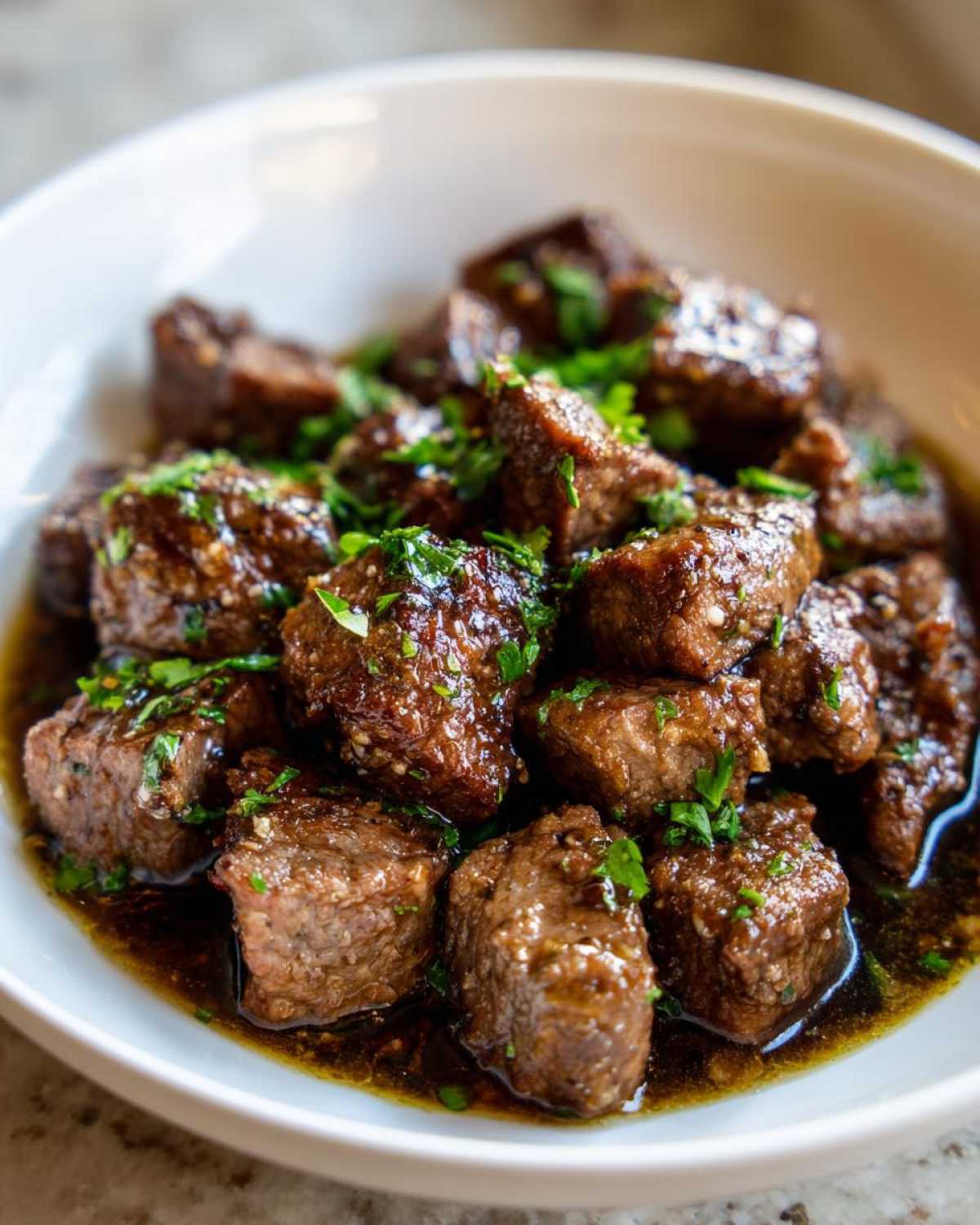 Close-up of tender, cubed crockpot steak bites coated in a dark, savory sauce and garnished with fresh parsley.