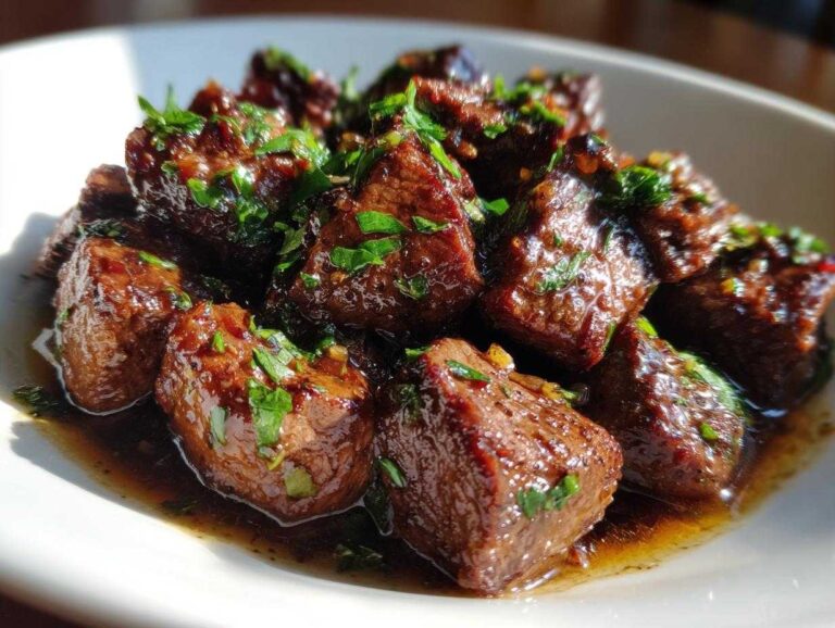 Close-up of tender, glazed crockpot steak bites swimming in rich sauce and topped with fresh chopped parsley.