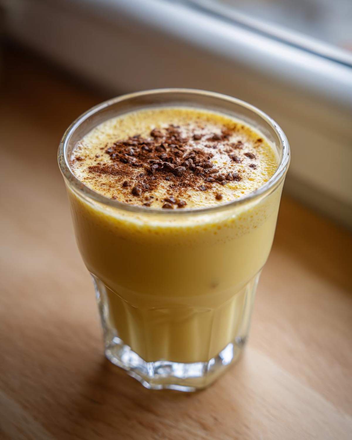 A glass of thick, yellow homemade eggnog topped with grated chocolate or nutmeg.