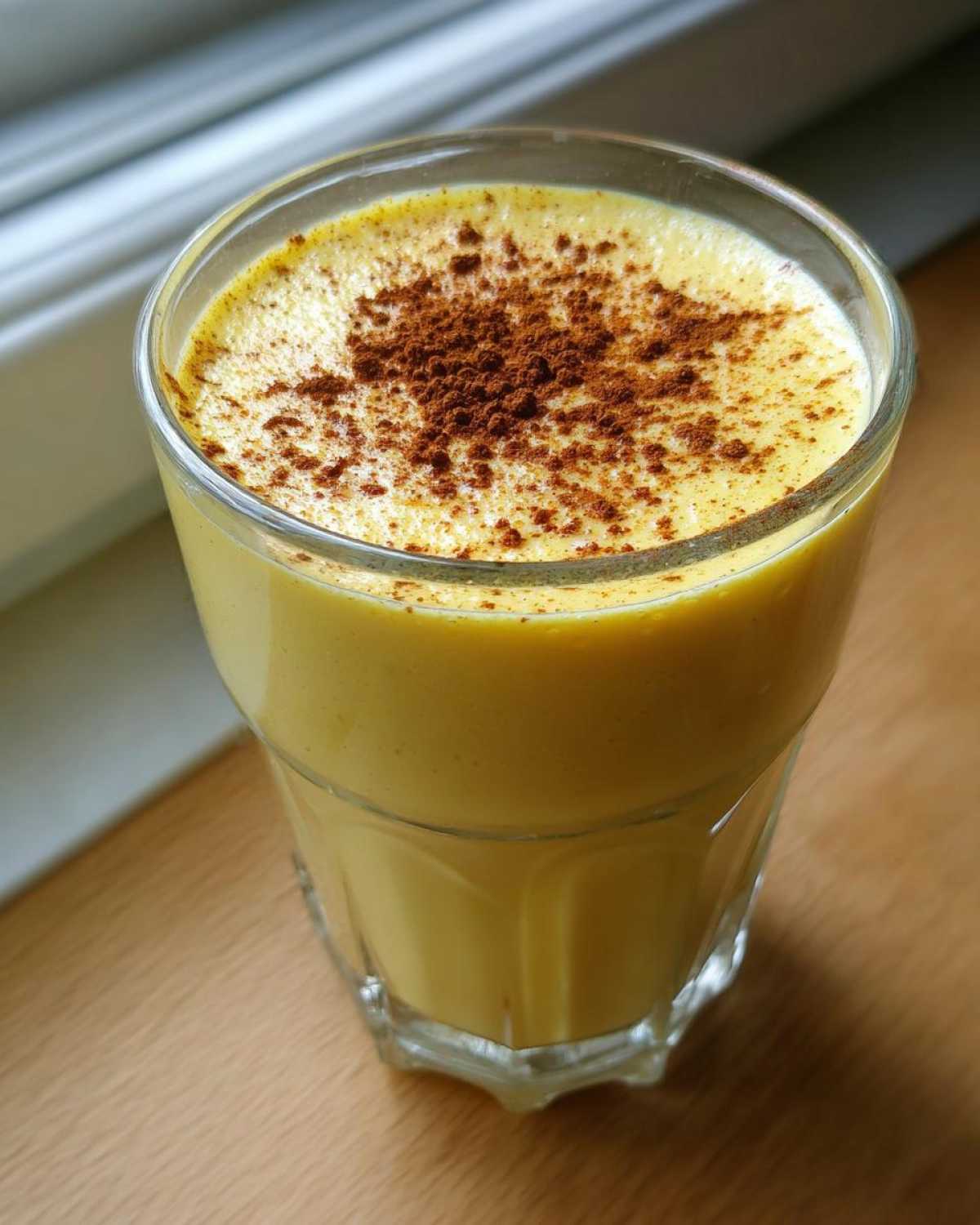 Close-up of a glass filled with thick, creamy yellow eggnog, generously dusted with cinnamon.