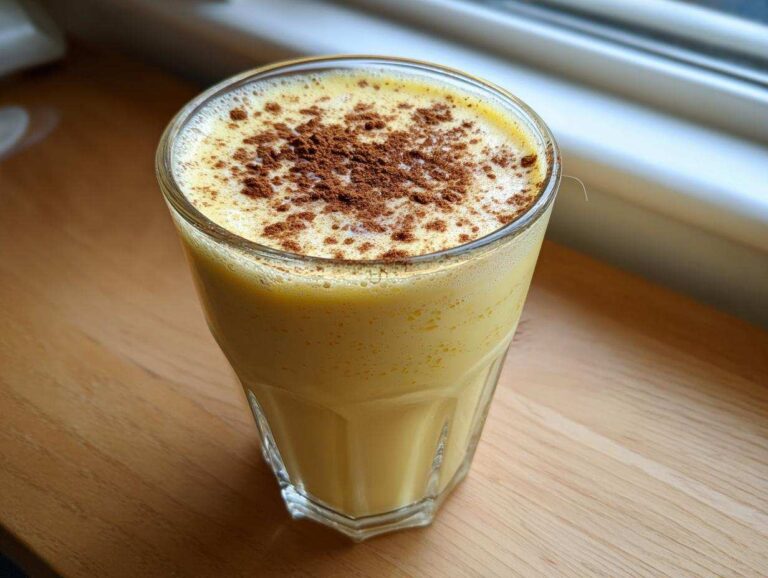 A tall glass filled with thick, creamy yellow eggnog, topped with a dusting of cinnamon or nutmeg.