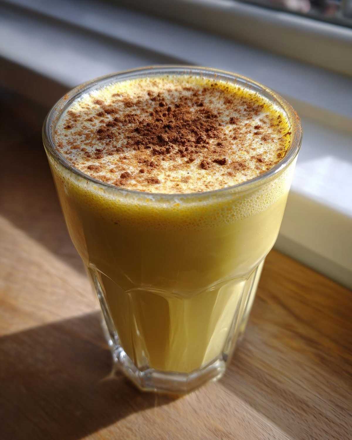A glass of thick, yellow homemade eggnog topped generously with ground cinnamon.