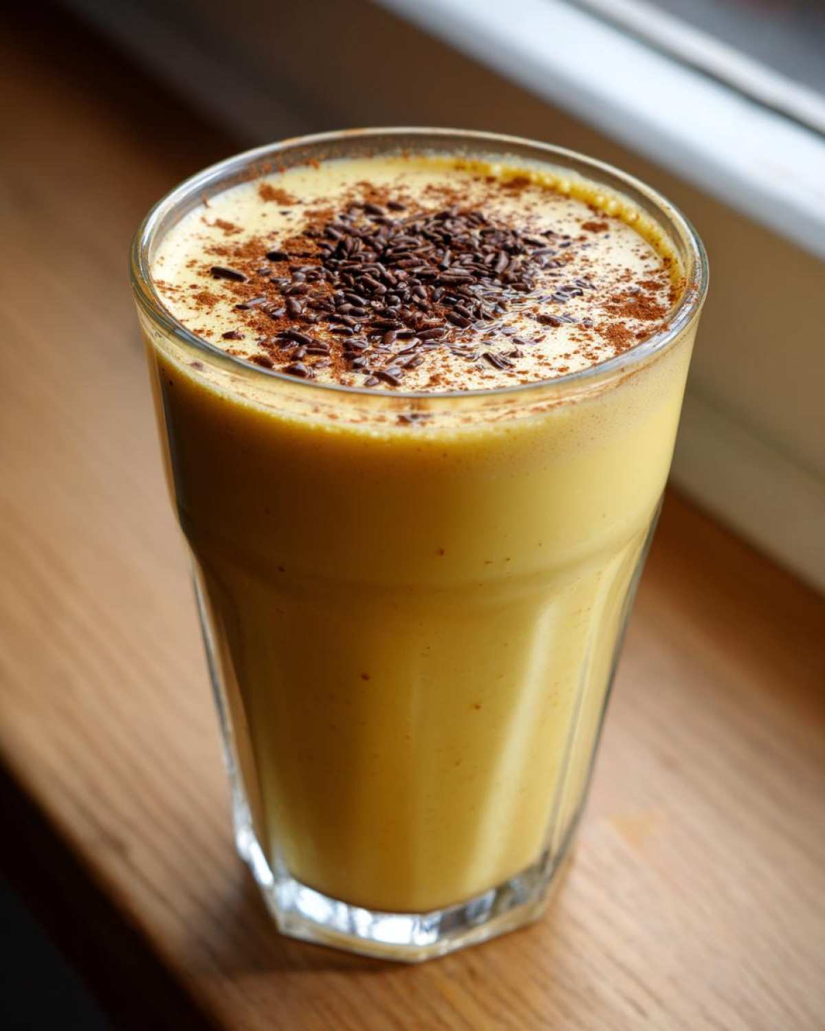 A tall glass filled with thick, creamy yellow homemade eggnog, topped with chocolate sprinkles and cinnamon.