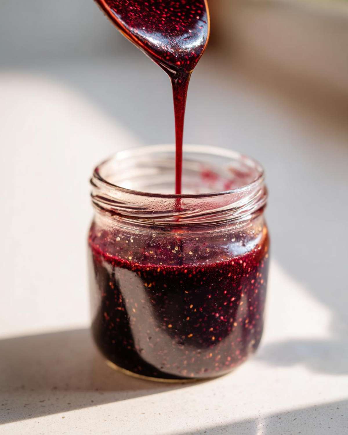 A spoonful of thick, dark purple elderberry syrup recipe is being poured into a small glass jar.