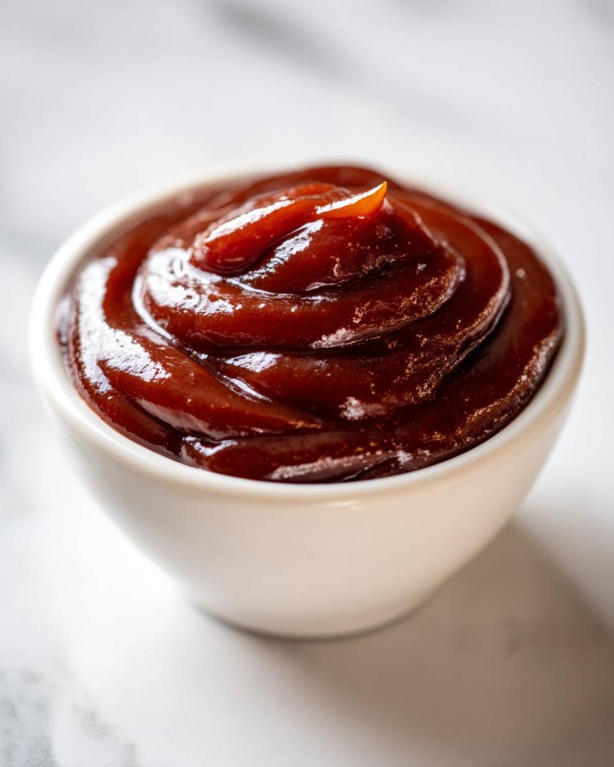 Close-up of thick, glossy, dark red homemade bbq sauce swirled high in a small white dipping bowl.