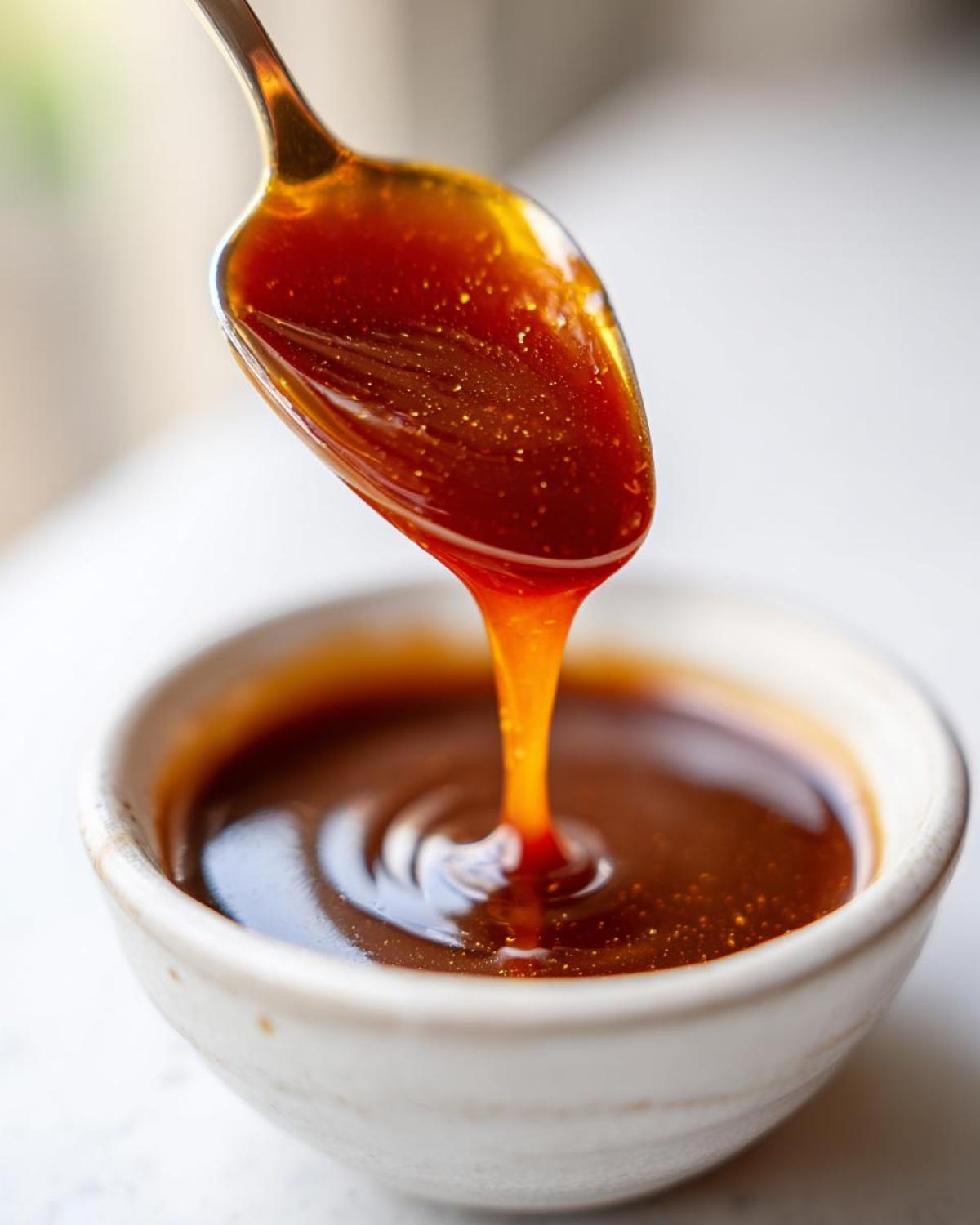 Close-up of thick, glossy homemade teriyaki sauce dripping from a spoon into a small white bowl.
