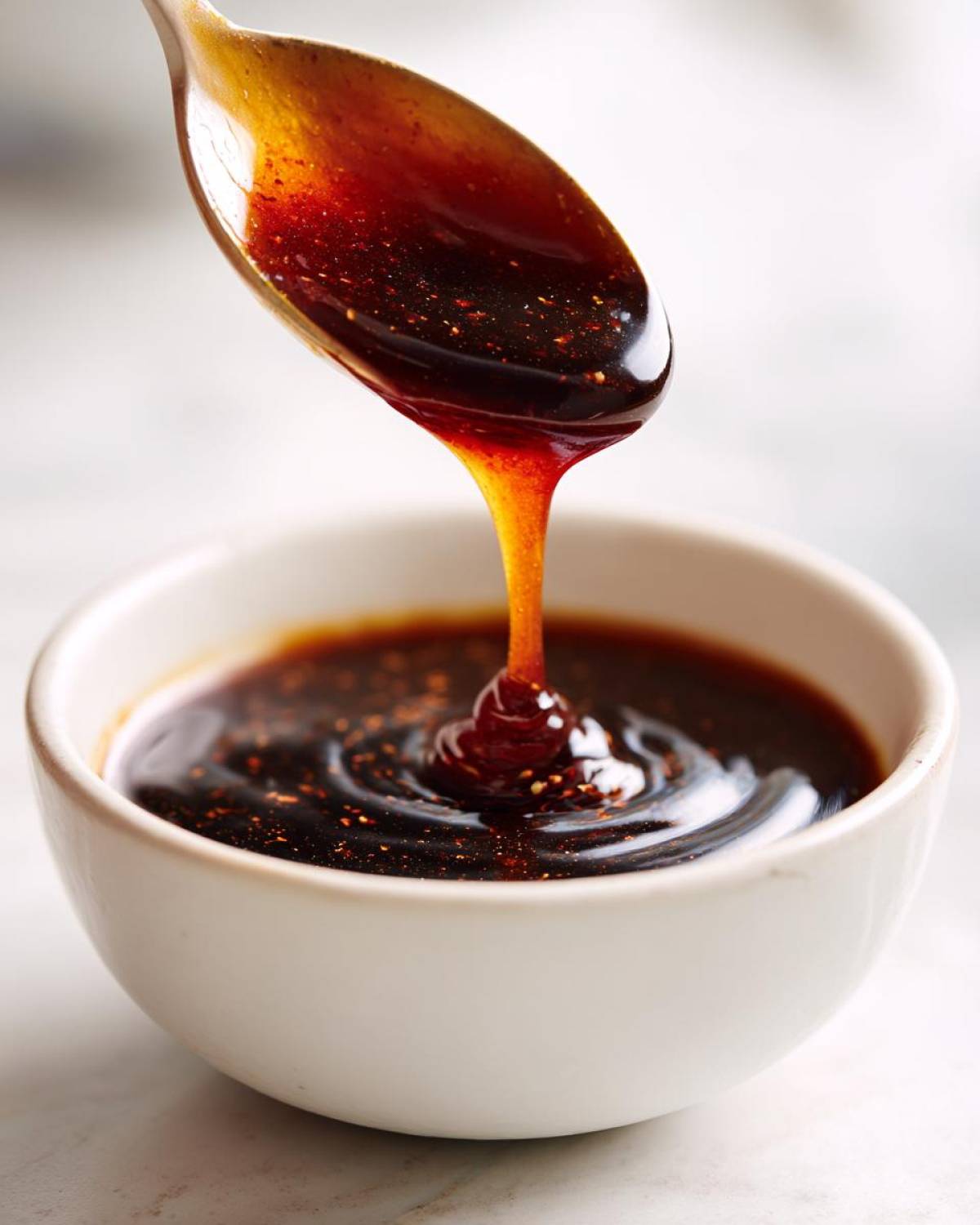 Close-up of thick, dark homemade teriyaki sauce dripping from a wooden spoon into a white bowl.