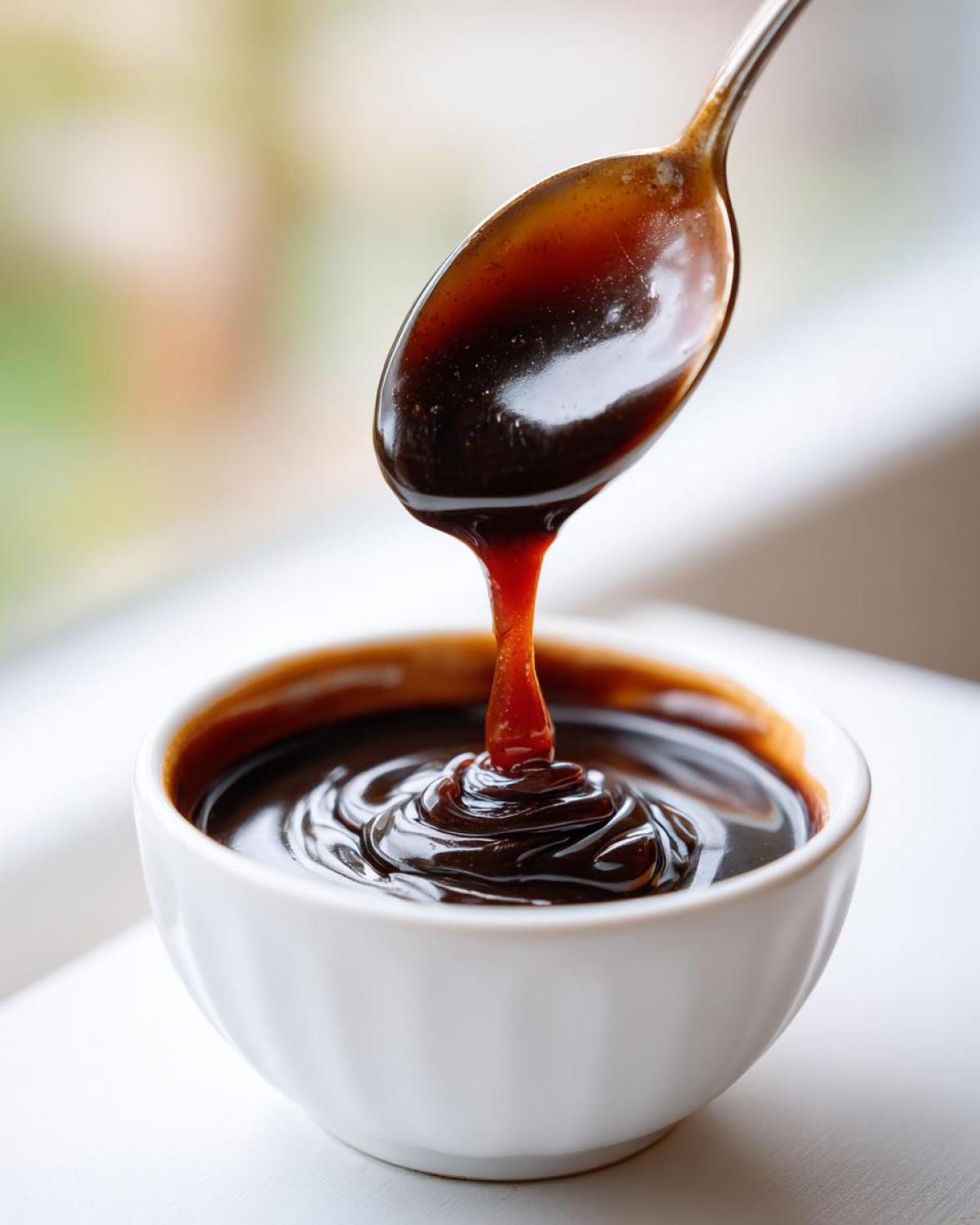 Close-up of thick, glossy homemade teriyaki sauce dripping from a spoon into a small white bowl.
