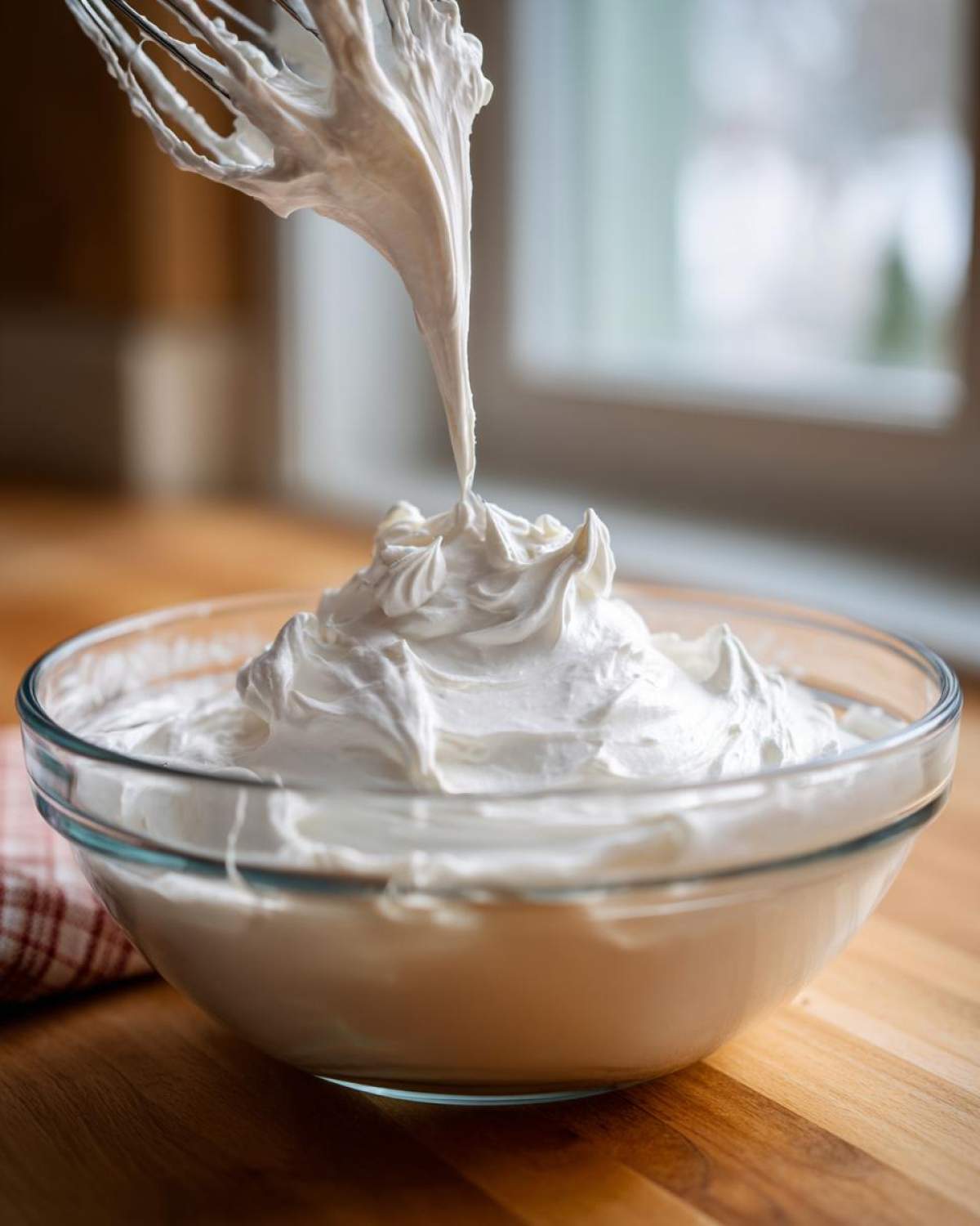 Thick, glossy white royal icing recipe mixture being whipped in a glass bowl with a whisk.