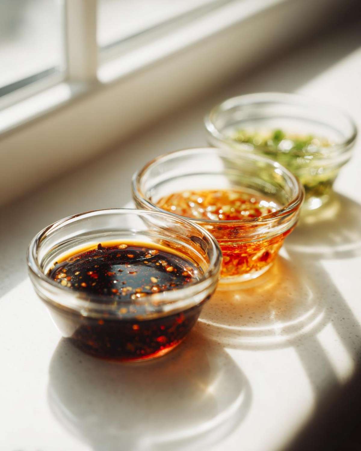 Three small glass bowls containing different varieties of Dumpling Sauce, arranged in a row near a window.