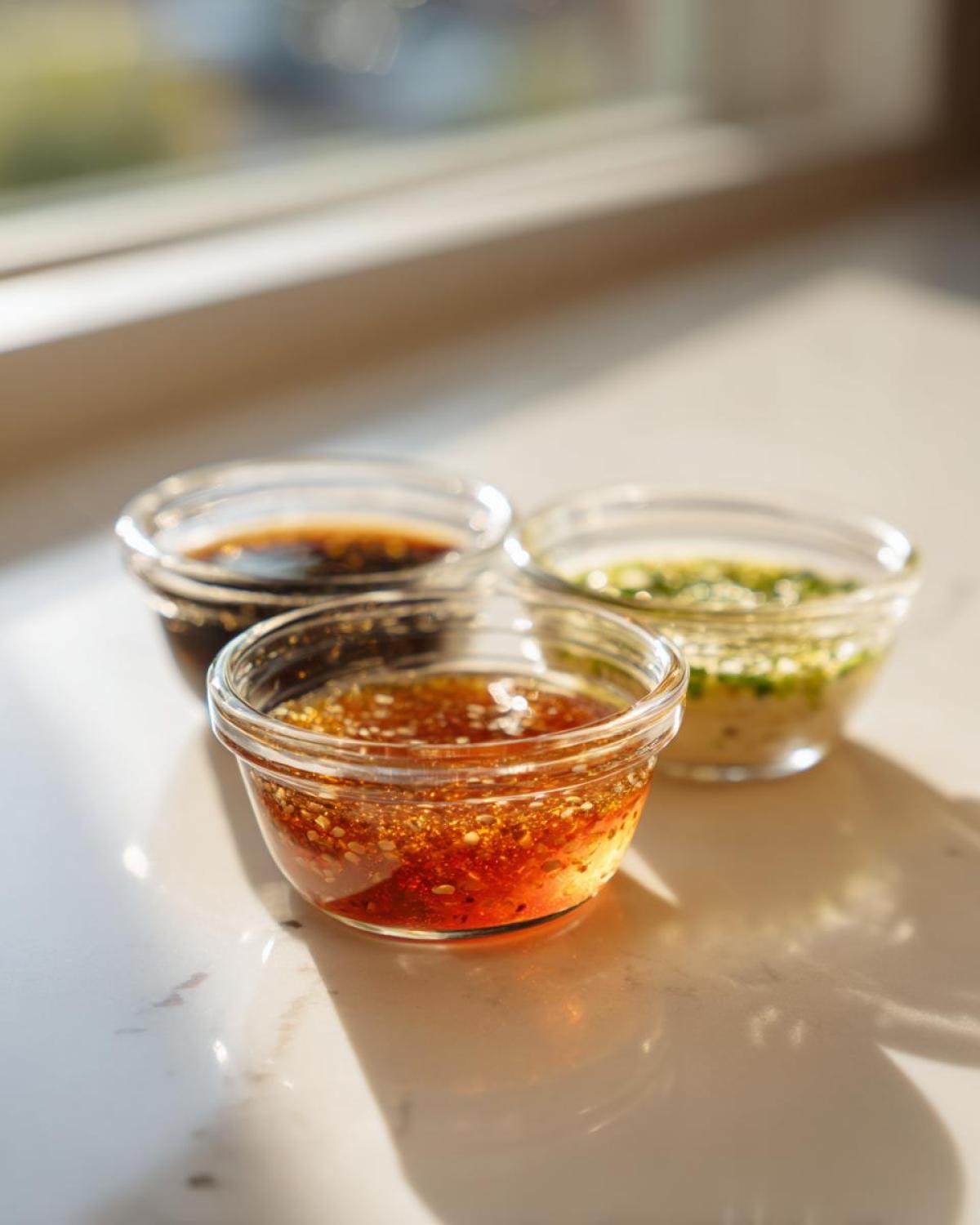 Three small glass bowls containing different types of Dumpling Sauce, set near a window with bright sunlight.