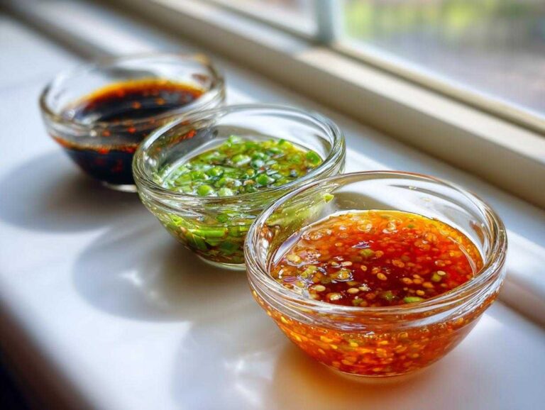 Three small glass bowls containing different types of Dumpling Sauce, including a dark soy-based sauce, a green scallion sauce, and a chili garlic sauce.