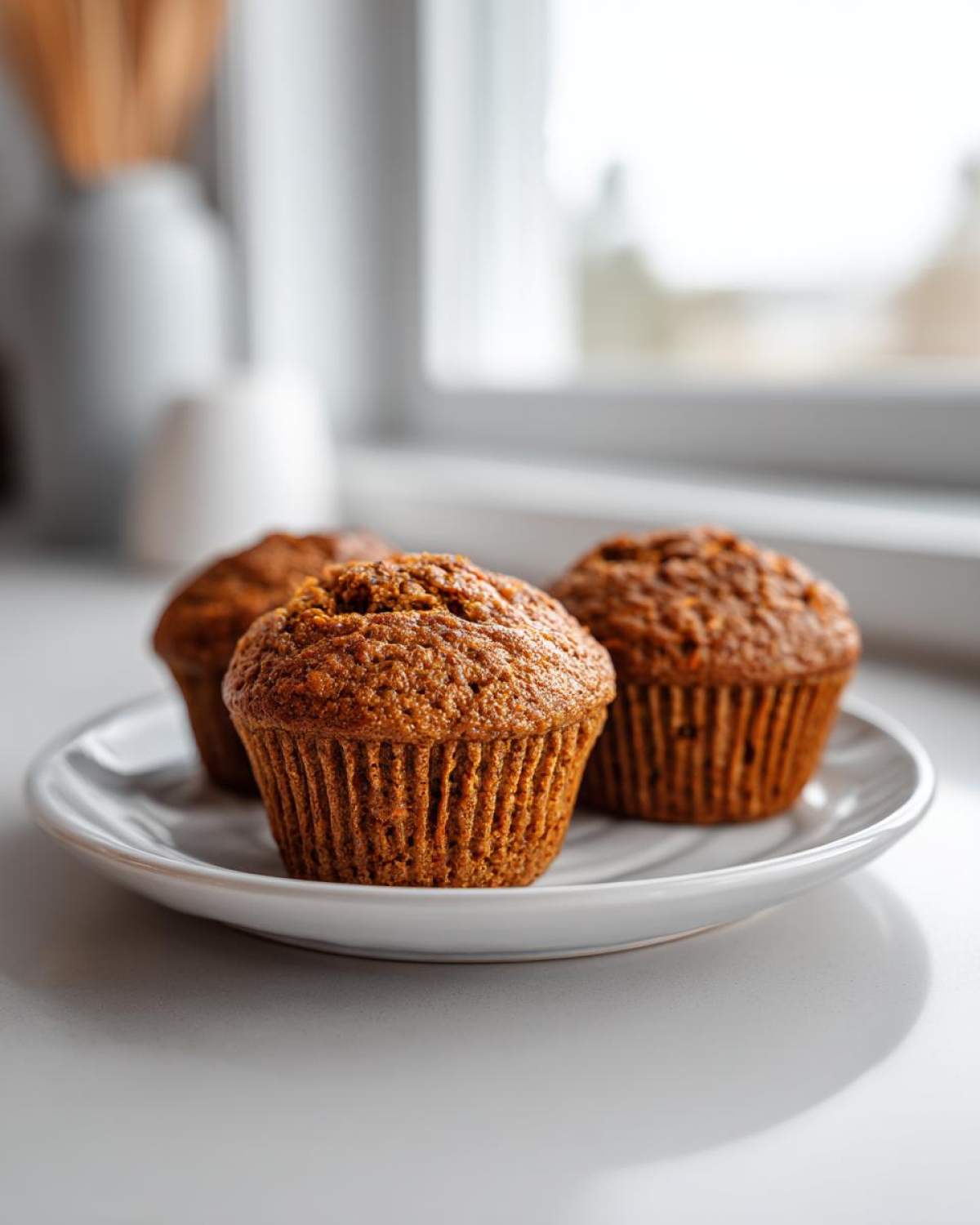 Three perfectly baked morning glory muffins sitting on a small white plate near a bright window.