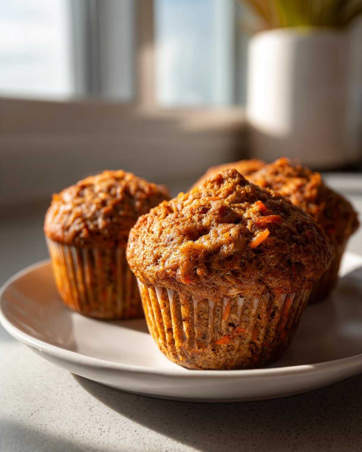 Three golden brown morning glory muffins sitting on a white plate, catching bright morning sunlight.