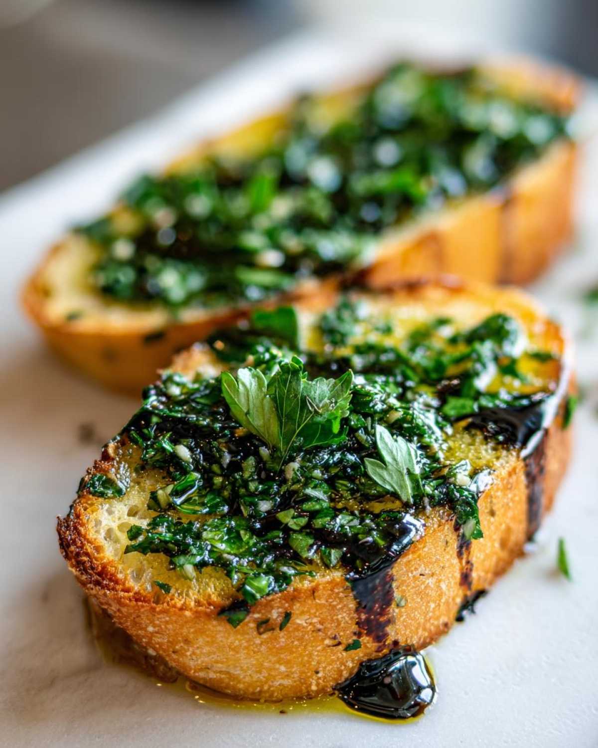 Close-up of toasted bread topped with a vibrant olive oil bread dip mixture of herbs and balsamic glaze.