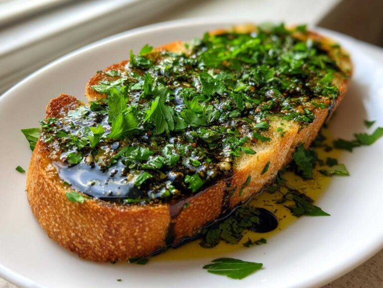 Close-up of toasted bread generously topped with a rich olive oil bread dip mixture and fresh parsley.