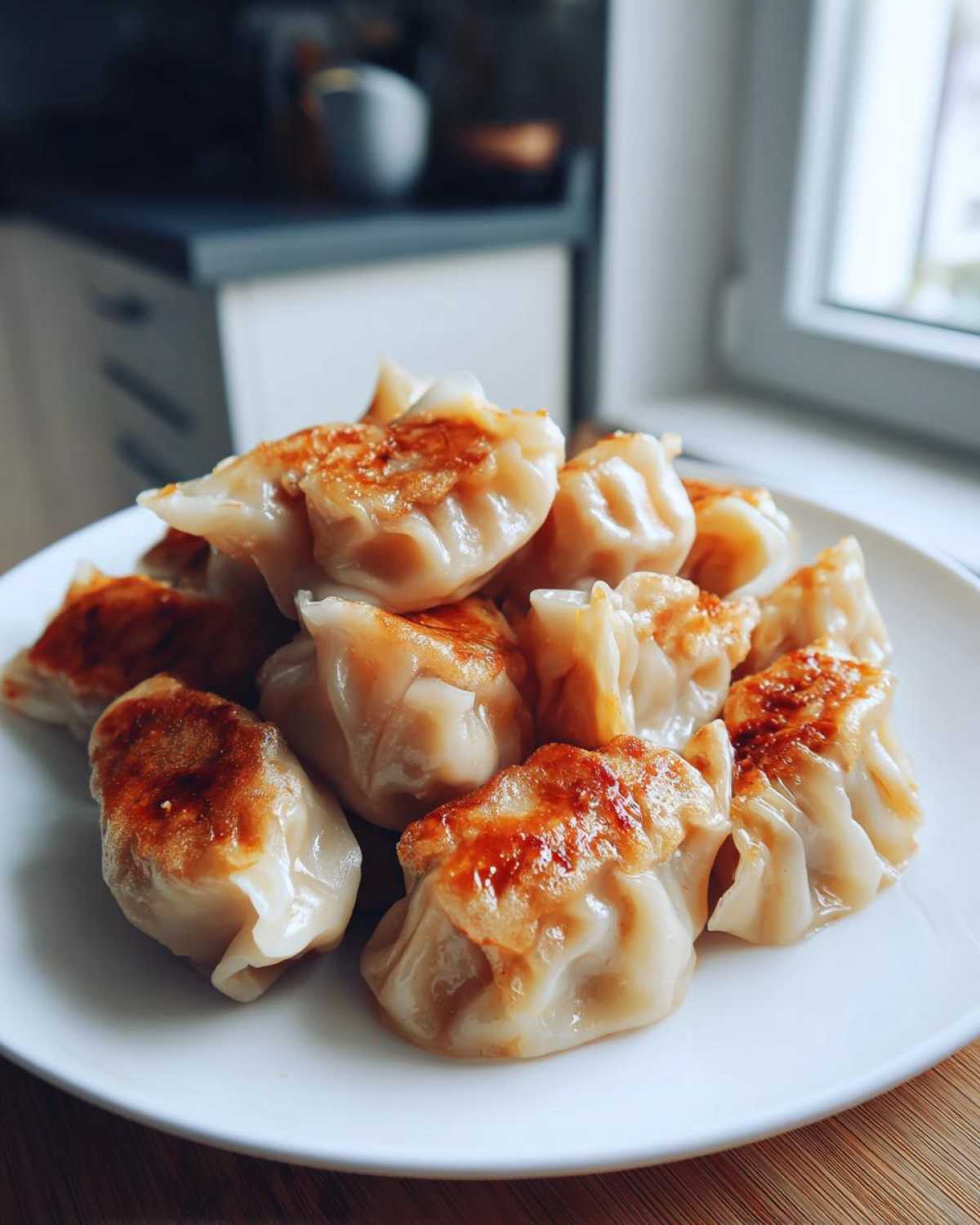 A pile of golden-brown, pan-fried Traditional Chinese Dumplings served on a white plate.