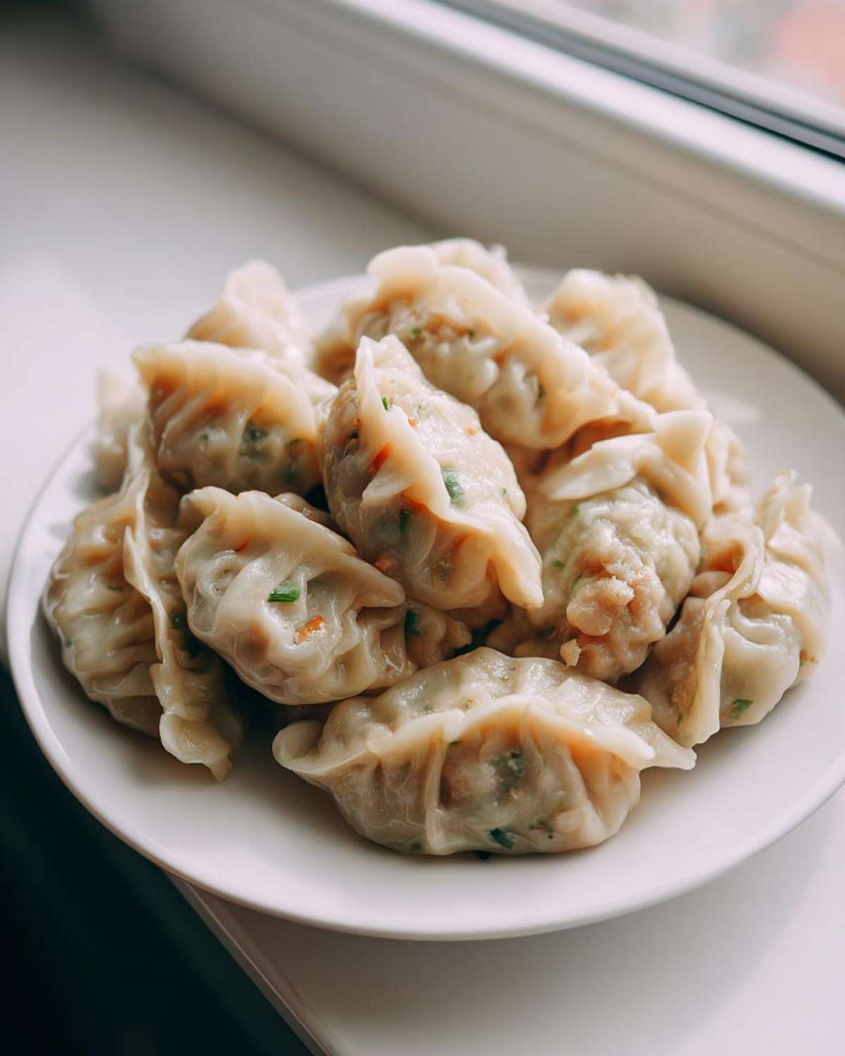 A close-up of freshly steamed Traditional Chinese Dumplings piled high on a white plate near a window.