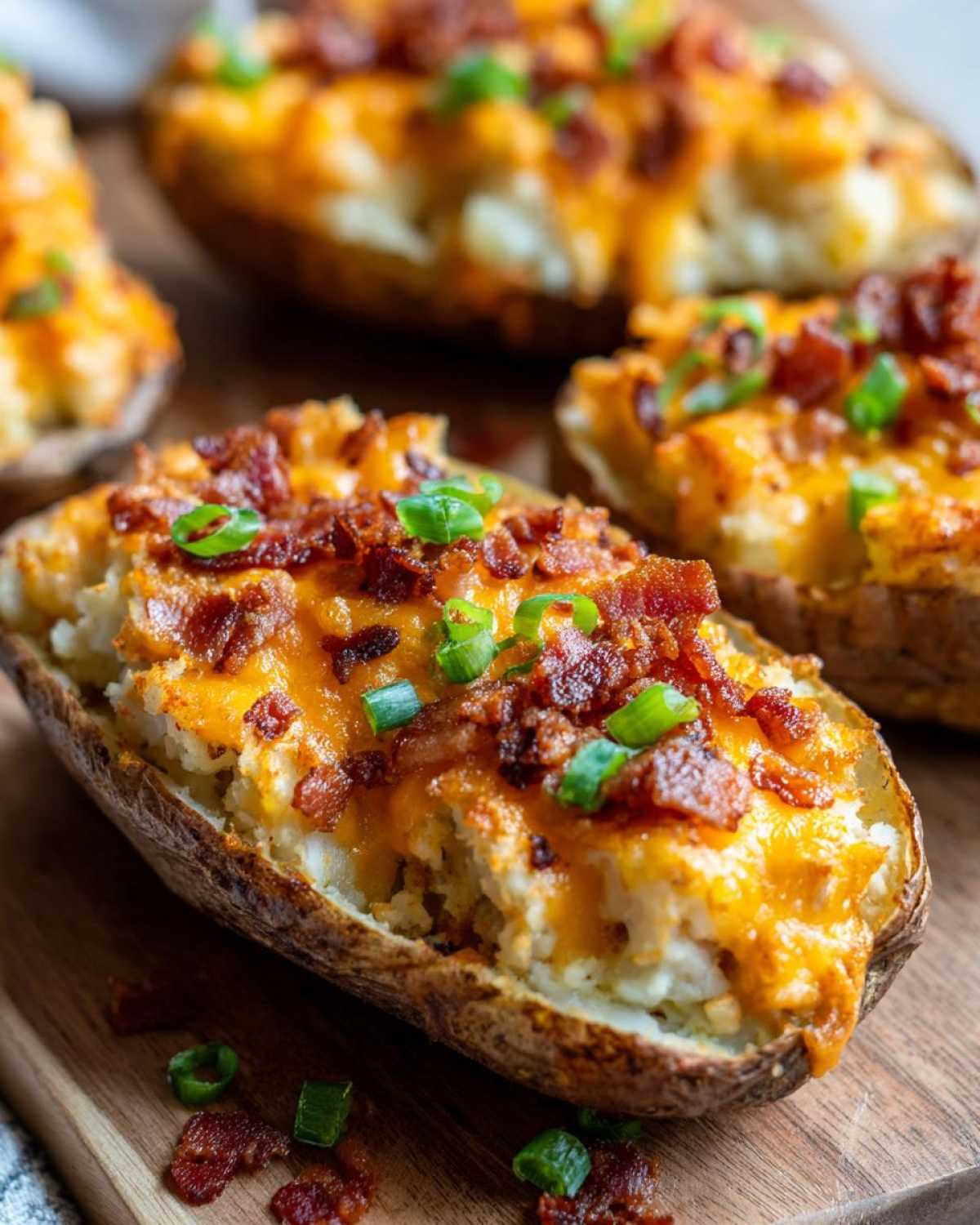 Close-up of a twice baked potato loaded with melted cheddar cheese, bacon bits, and green onions.
