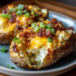 Close-up of a twice baked potato loaded with melted cheddar cheese, bacon bits, and green onions.