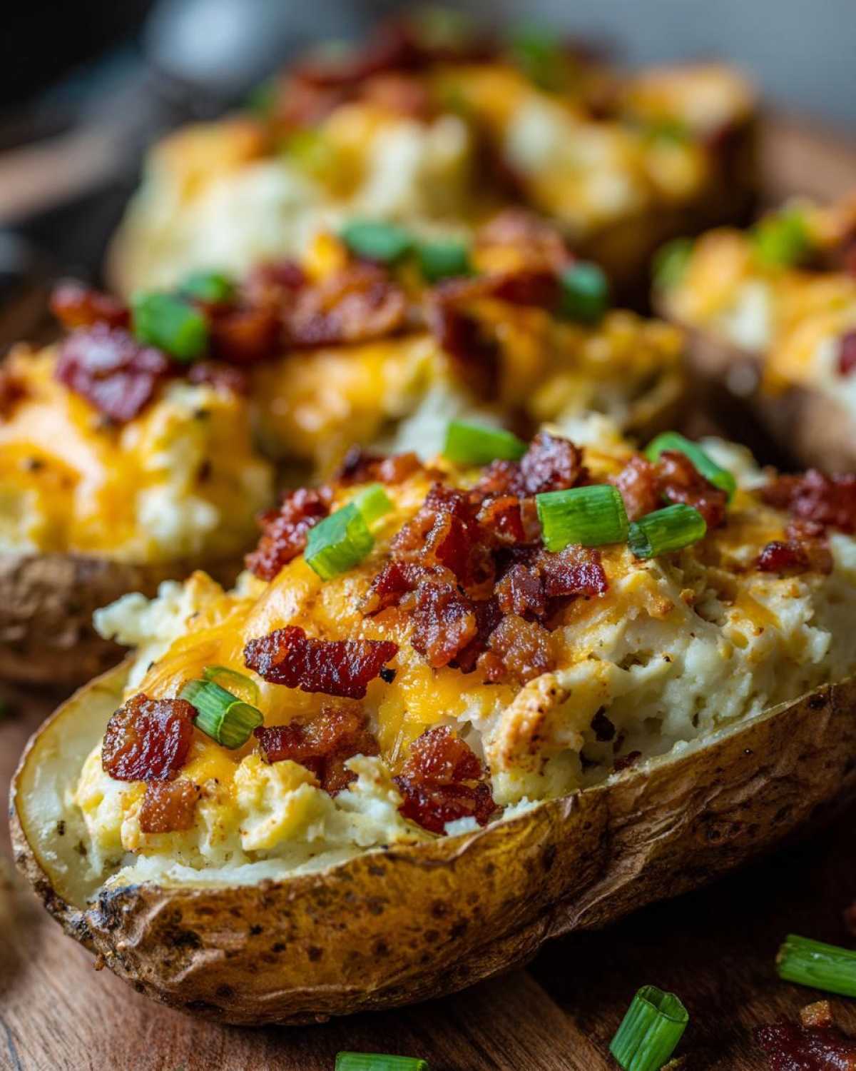 A close-up of a delicious twice baked potato stuffed with creamy filling, melted cheddar cheese, bacon bits, and green onions.