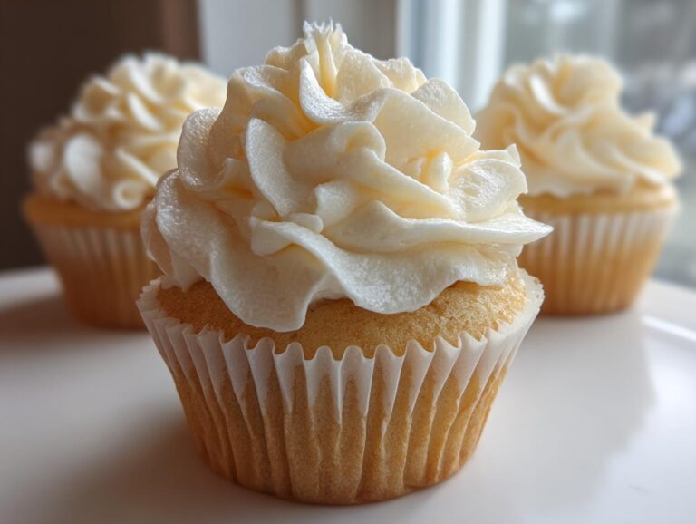 Close-up of a beautifully frosted vanilla cupcake with rich buttercream swirls, two more vanilla cupcakes blurred in the background.