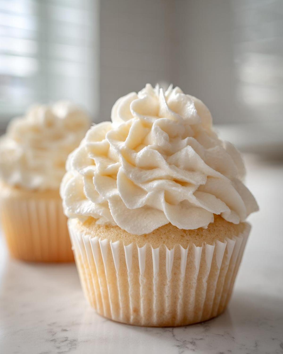 Close-up of a delicious vanilla cupcake topped with a swirl of white vanilla buttercream frosting.