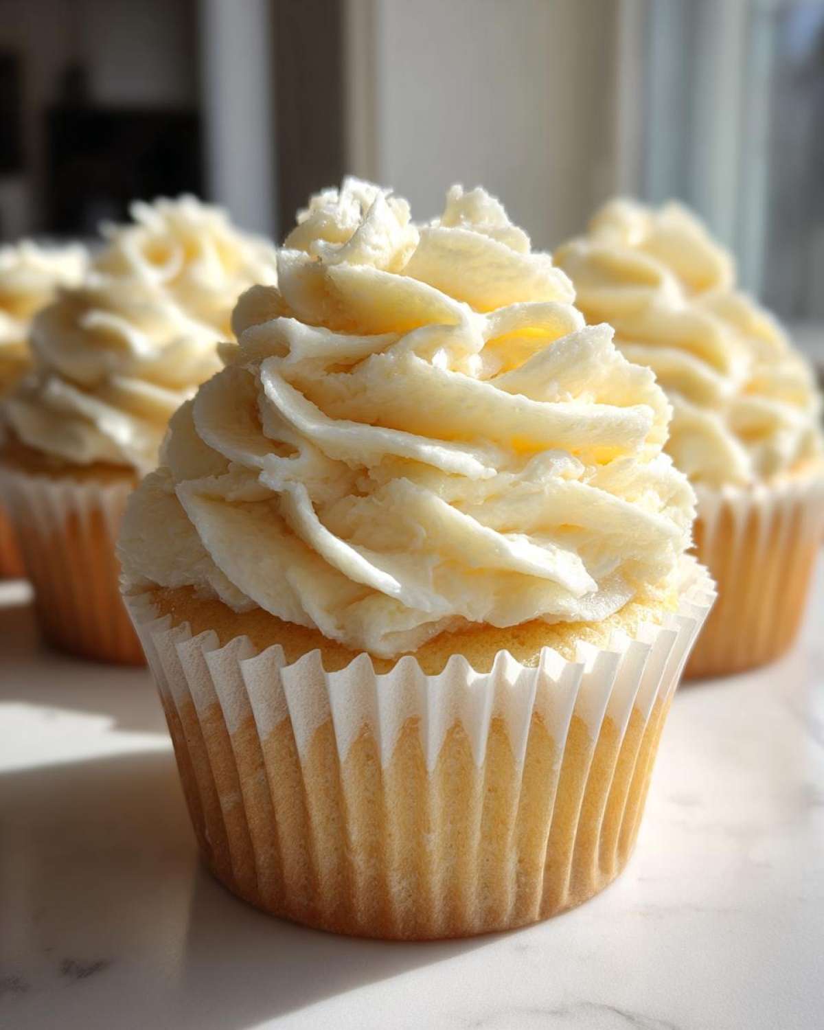 A single, perfectly frosted vanilla cupcake stands in sharp focus with two more vanilla cupcakes blurred in the background.
