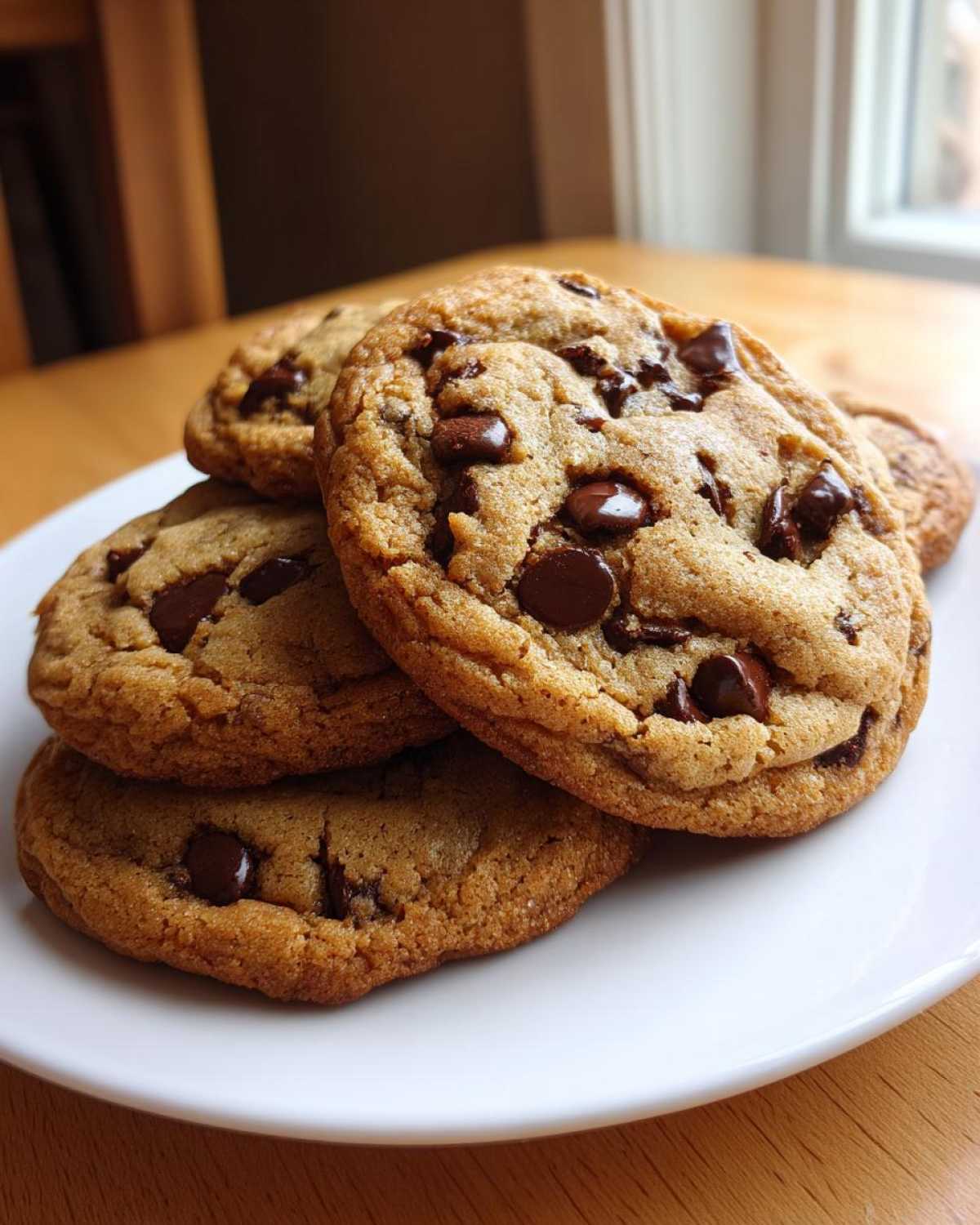 A close-up of several freshly baked vegan chocolate chip cookies stacked on a white plate.