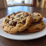 Three perfectly baked vegan chocolate chip cookies stacked slightly on a white plate on a wooden table.