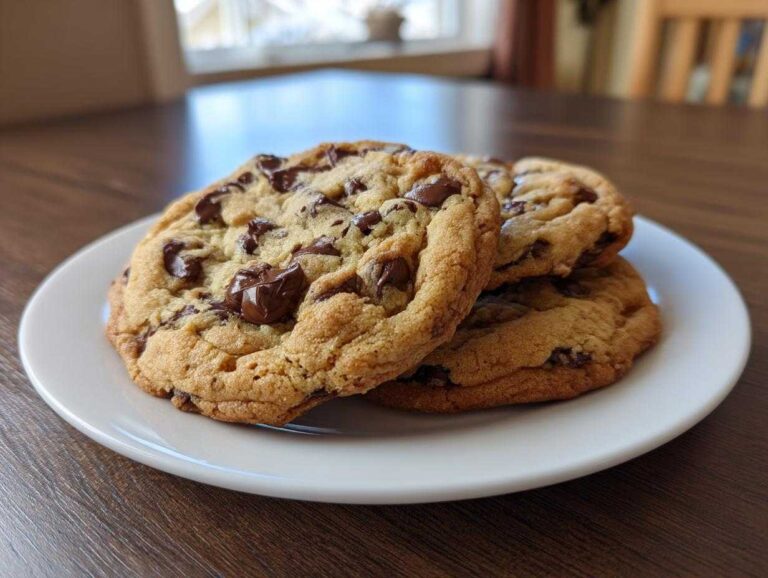 Three perfectly baked vegan chocolate chip cookies stacked slightly on a white plate on a wooden table.