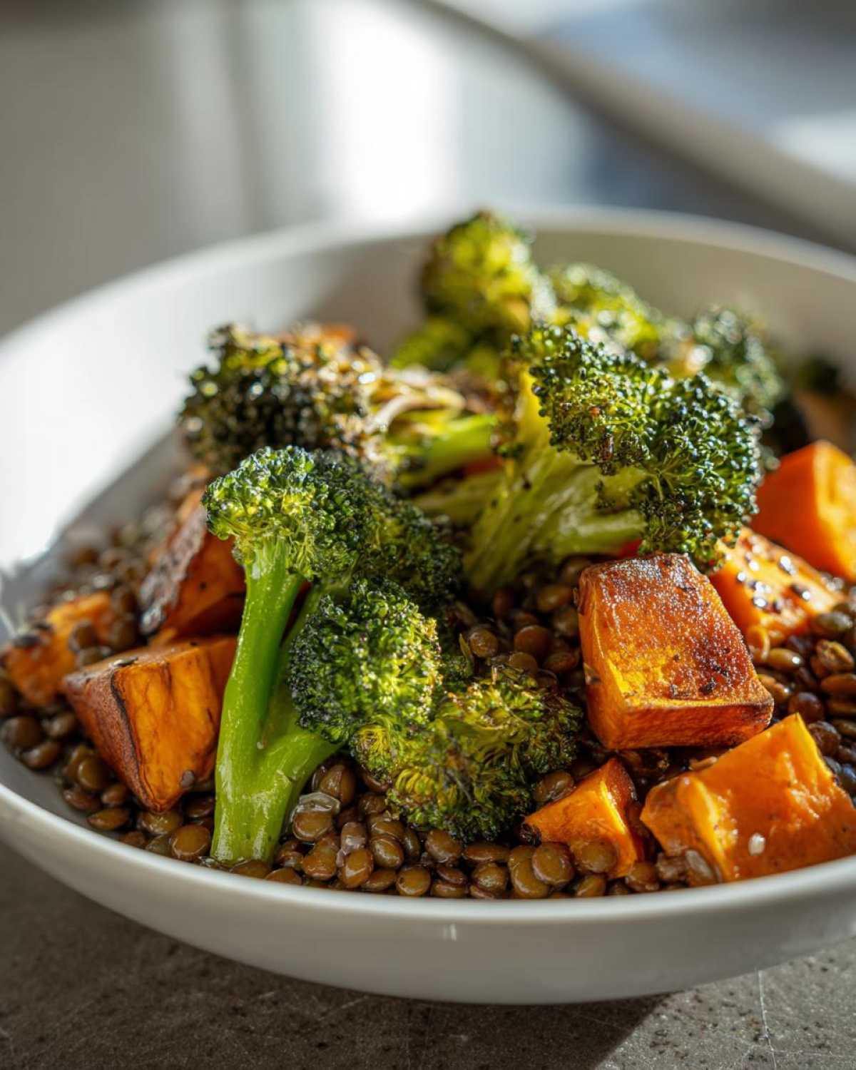 Close-up of a bowl containing a veggie lentil salad with roasted broccoli florets and cubed sweet potatoes.