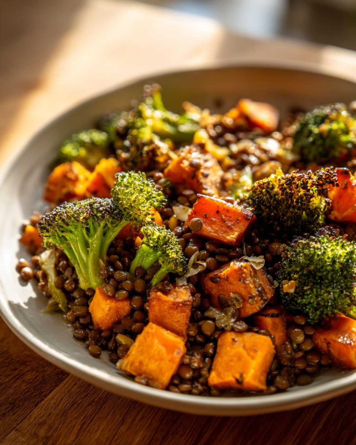 A close-up of a hearty veggie lentil salad featuring brown lentils, roasted sweet potatoes, and charred broccoli florets.